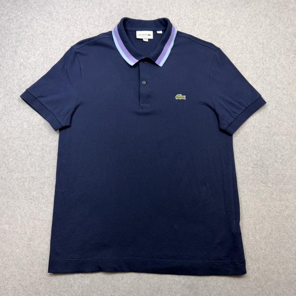 Lacoste Polo Shirt Mens Medium Blue Regular Fit Purple Striped Collar Croc Logo